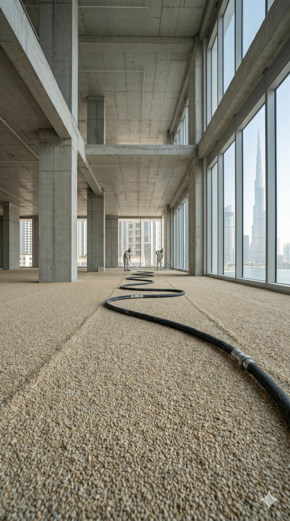 BENDA pumping line routed through a Dubai tower floor for large-area floor preparation