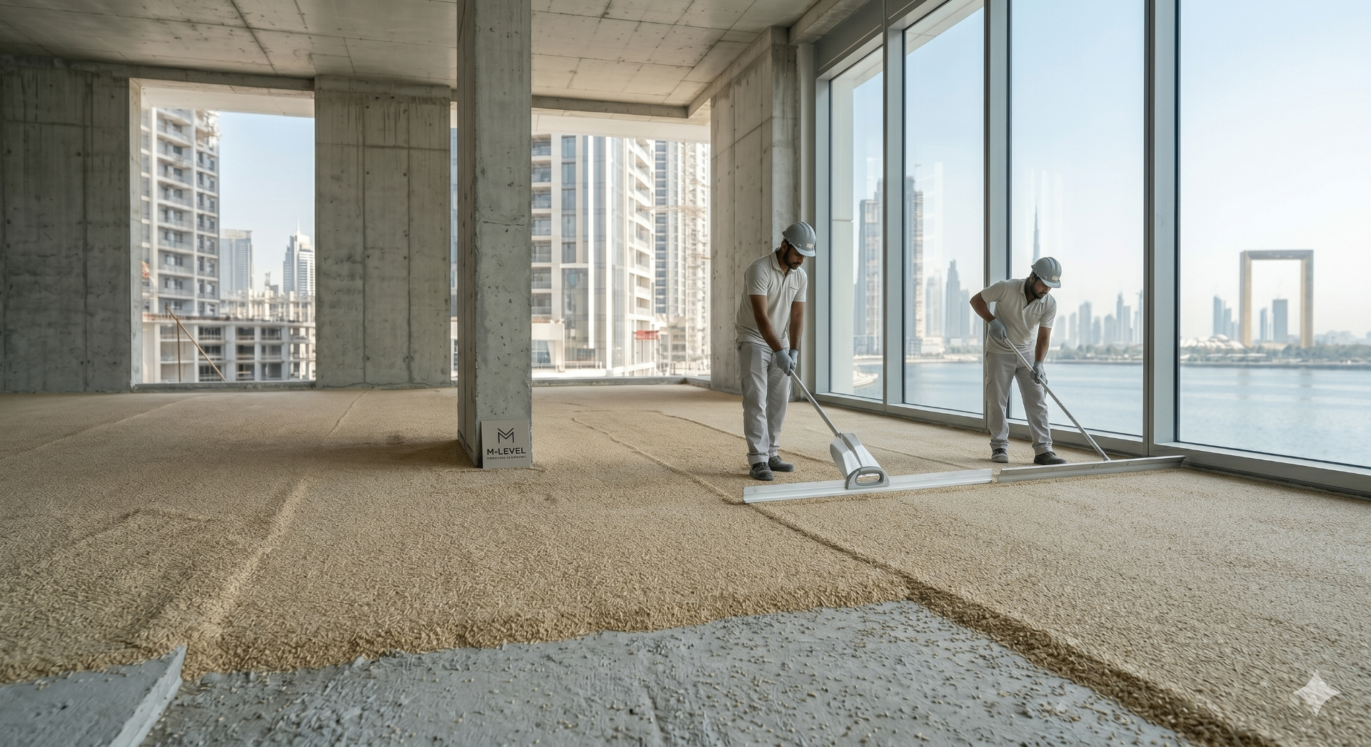 BENDA crew leveling lightweight aggregate across an unfinished floor