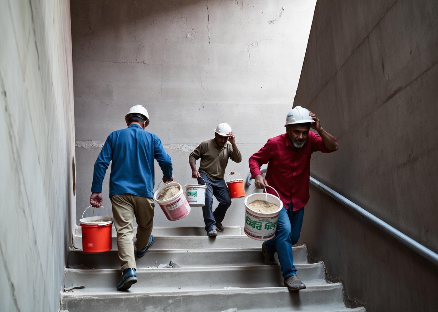 Workers manually carrying buckets of material up stairs in an unfinished building